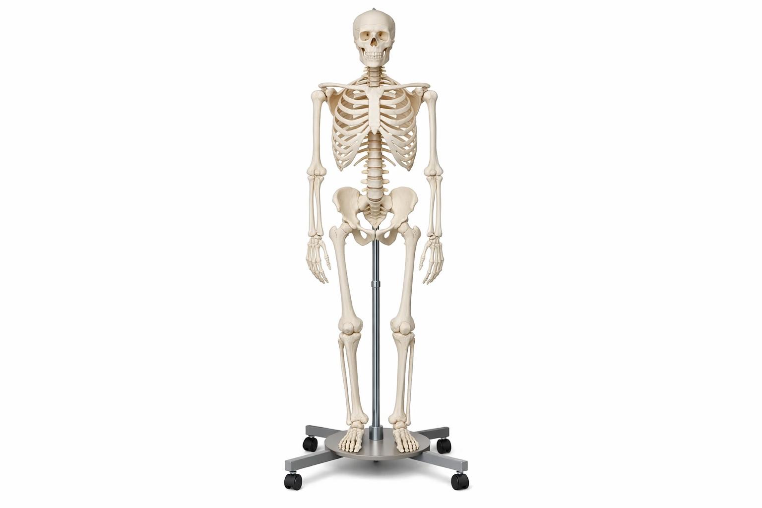 Zdjęcie: dydaktyczny model szkieletu człowieka na stojaku, widok frontalny