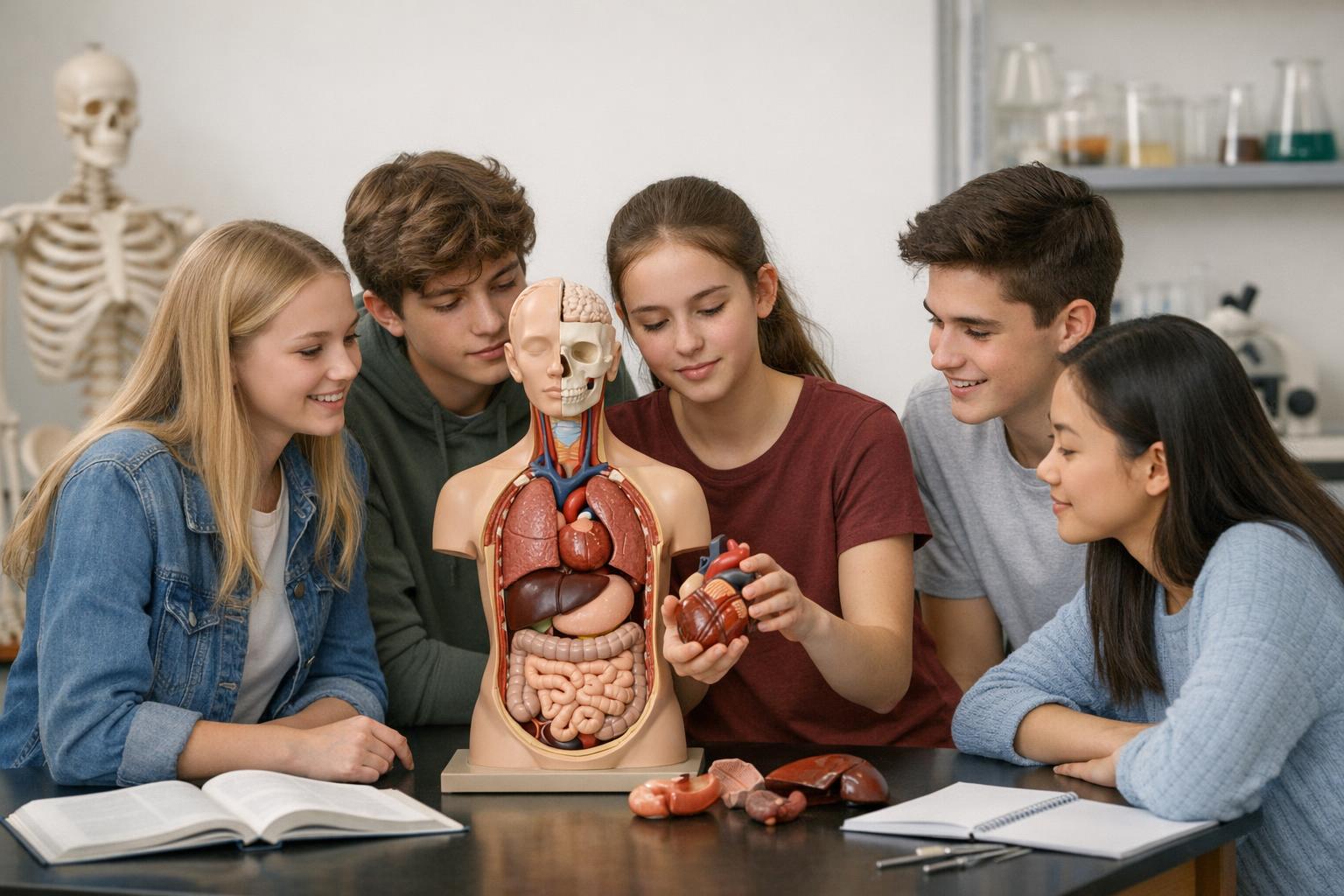 Zdjęcie: grupa uczniów pracujących z modelem anatomicznym ludzkiego torse